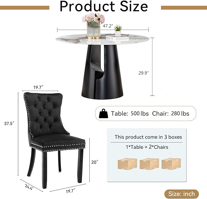 3-Piece Faux Marble Round Dining Table Set for 2, Modern Luxury Kitchen Table Set for 2 with Black Tufted Chairs,Circle Dining Tables with Pandora Grain Top and Black Pedestal Base