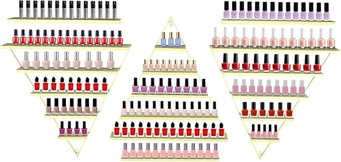 5-Tier Wall Mounted Nail Polish Organizer – Gold Iron Triangle Display Rack for Nail Salon & Home – Holds 110 lbs, for Polishes, Lipstick, Perfume, Cosmetics – Modern Metallic Finish