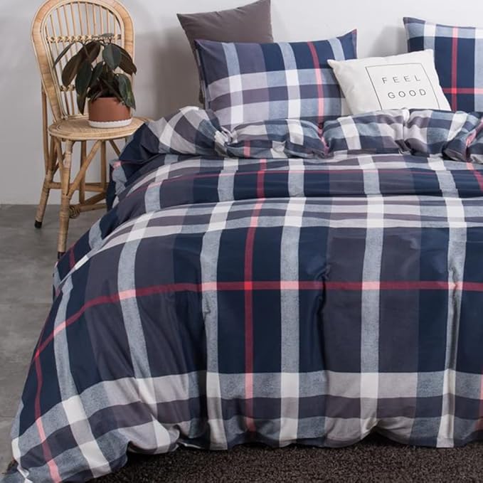 CLOTHKNOW Navy Blue Plaid Queen Comforter Set 3Pcs Tartan Bedding Comforter Sets All Season Soft Blue Grid Buffalo Comforter with 2 x Pillow Cases
