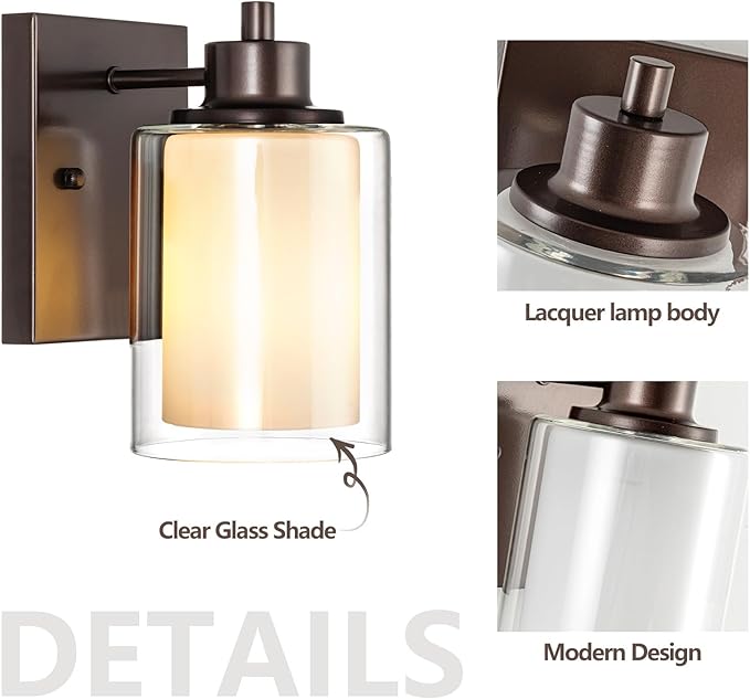 2 Pack Bath Vanity Light Fixtures, Modern Indoor Wall Scone Lighting with Dual Glass Shade, Oil Rubbed Bronze Wall Lamp for Bedroom Mirror Kitchen Living Room Entryway