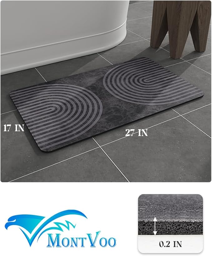 MontVoo -Bath Mat-Non Slip Thin Bathroom Rugs Fit Under Door- Quick Dry Absorbent Faux Suede Surface Grey Bathroom Floor Mats-Shower Rug for in Front of Bathtub Shower Dark Grey Arched 17x27.5