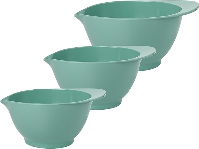 LEHAHA Mixing Bowls with Pour Spout, set of 3, Non-Slip, Nesting and Saving Space Design, Versatile Melamine Bowl with large handle for Prepping, Baking, Cooking, Kitchen Cooking and Baking. Green
