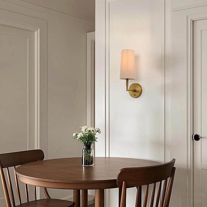 Brass Wall Sconces Set of Two, Hardwired Linen Fabric Shade Wall Lamps, Bathroom Vanity Lights Fixture with Switch, Indoor Wall Lights for Bedroom Living Room Corridor