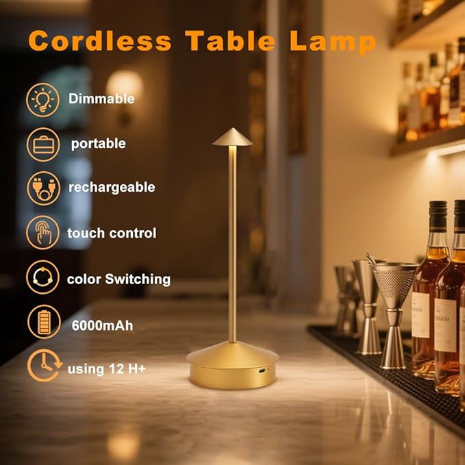 EJQ Cordless Table Lamp,Portable LED Desk Lamp, 6000mAh Battery Operated, 3 Color Stepless Dimming Up Touch Lamp for Restaurant/Bedroom/Bars/Outdoor Party/Camping/Coffee Shop Night Light(Gold)