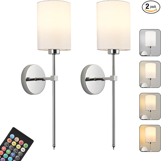 Battery Operated Wall Sconces Set of Two, with Remote Control, Dimmable, 4 Color Temperatures, RGB, Timer, Wireless Rechargeable Wall Light for Living Room, Bedroom, Fireplace, 23.6 Inch, Chrome