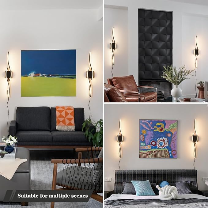 Plug in Wall Sconces Set of 2, Modern Plug in Sconce with Remote, Dimmable LED Wall Light, Wall Lamps with Plug in Cord for TV Wall Sconces, Black Sconce Lighting for Living Room, Hallway, Bedroom