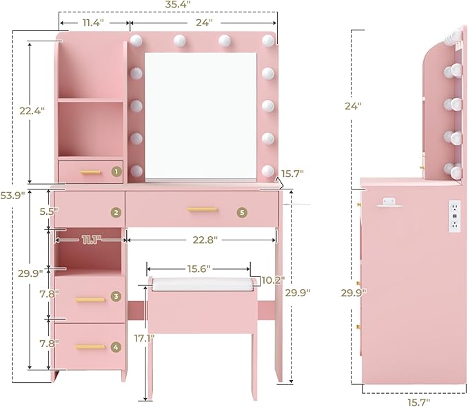 Vanity Desk with Mirror and Lights, 3 Adjustable Lighting Makeup Vanity Desk with 3 Storage Shelves, 5 Large Drawers and Power Outlet, Vanity with Chair for Bedroom, Pink