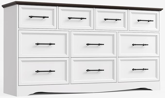 White Dresser for Bedroom, Farmhouse 10 Chest of Drawers, 59" Wide Chest of Drawers with Brushed Metal Handle, Wood Closet Organizers and Storage Cabinet for Bedroom, Living Room, Hallway