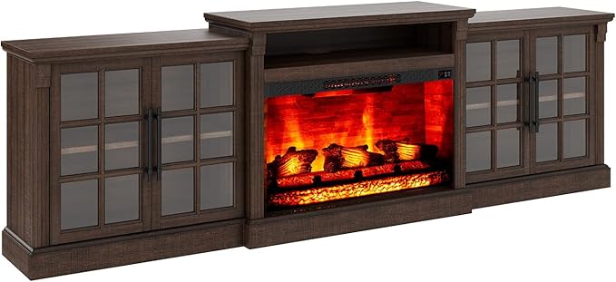 97" Farmhouse TV Stand with 33" Fireplace for TVs up to 100", Media Entertainment Center with Large Storage Cabinet and Adjustable Shelves for Living Room, Rustic Brown
