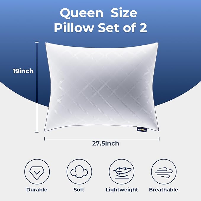 Bed Pillows Queen Size Set of 2, Pillow for Sleeping Premium Soft/Firm Hotel Bedding Pillow for Back, Stomach or Side Sleepers（White）