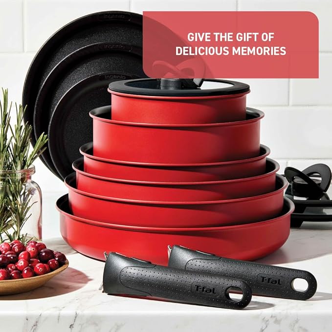 T-fal Ingenio Nonstick Cookware Set 10 Piece, Induction, Oven Broiler Safe 500F, Cookware, Pots and Pans, RV, Camping, Oven, Broil, Dishwasher Safe, Detachable Handle, Red (Pack of 2)