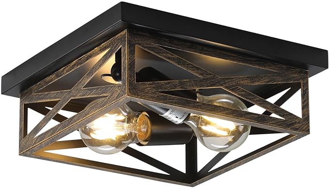 Rustic Flush Mount Ceiling Light Fixture, Modern Farmhouse Light Fixture, Kitchen Hallway Light Fixtures for Bedroom,Dining Room Entryway,Industrial Metal Cage Ceiling Light