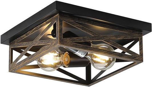 Rustic Flush Mount Ceiling Light Fixture, Modern Farmhouse Light Fixture, Kitchen Hallway Light Fixtures for Bedroom,Dining Room Entryway,Industrial Metal Cage Ceiling Light