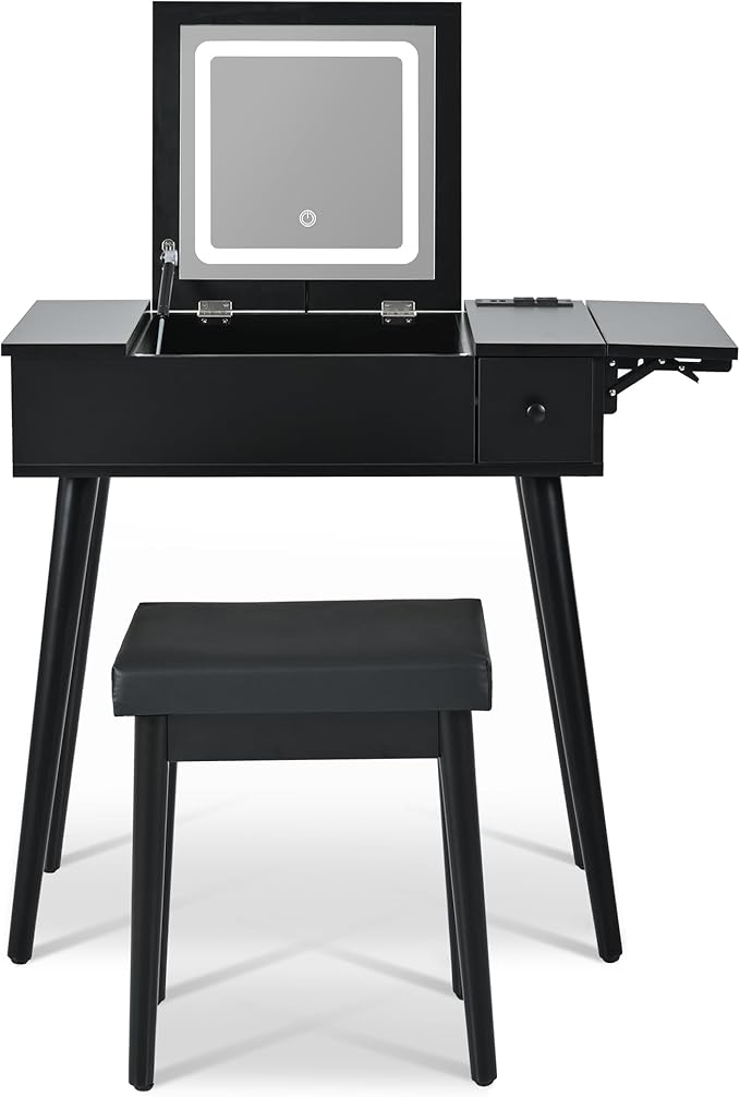 Black Makeup Vanity Desk with Flip Top Mirror and LED Light, Dressing Table Set with Cushioned Stool, Charging Station, 2 Drawers and Fold-up Panel for Bedroom ﻿