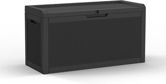 Mars Villa 60 Gallon Outdoor Storage Bench, Deck Box Waterproof Outside Resin Storage Bin for Outdoor Patio Furniture Cushions, Pool Supplies, Garden Tools, UV-Resistant and Weatherproof, Rattan Black