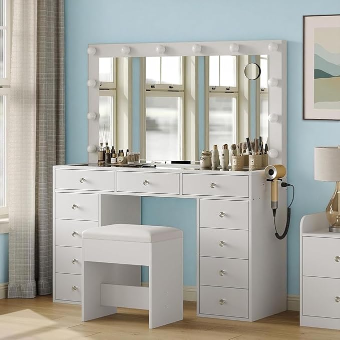 Vanity Desk with Mirror, Makeup Table with Power Outlet and 11 Lights, Set 3 Lighting Modes Brightness Adjustable, Vanity Table with 11 Drawers and Cushioned Stool for Bedroom, Dressing Room (White)