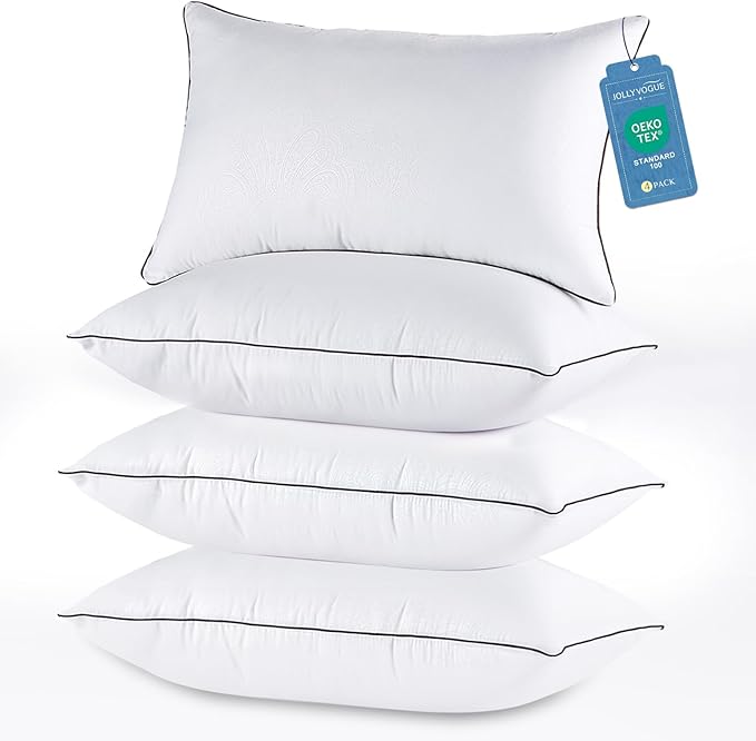 JOLLYVOGUE Bed Pillows Standard Size Set of 4, Cooling and Supportive Full Pillow 4 Pack with Down Alternative Filling for Side and Back Sleepers, Hotel Collection