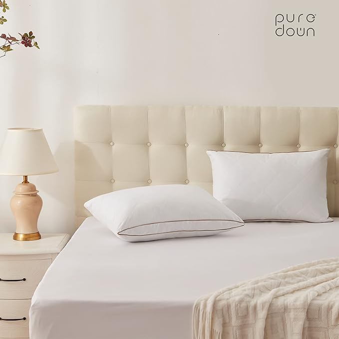 puredown® Natural Goose Down Feather Pillows for Sleeping Oval Gusseted Down Feather Pillow 100% Cotton Pillow Cover with Leaf Quilting Queen Set of 2