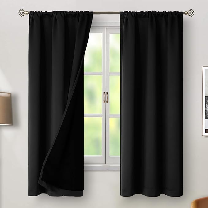 BGment Black 100% Blackout Curtains 63 Inches Long with Thermal Insulated Liner, Rod Pocket and Back Tab Double Layer Full Room Darkening Window Curtain for Bedroom, 2 Panels,Each 38 x 63 Inch