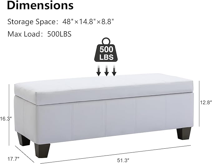 51 Inch Faux Leather Ottoman with Storage, End of Bed Bench with Large Storage, Rectangular Extra Long Bench for Bedroom and Living Room, White