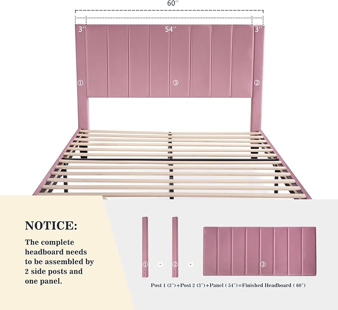 Allewie Queen Bed Frame/Velvet Upholstered Bed Frame with Vertical Channel Tufted Headboard/Strong Wooden Slats/Platform Bed Frame/Mattress Foundation/Box Spring Optional/Easy Assembly/Pink