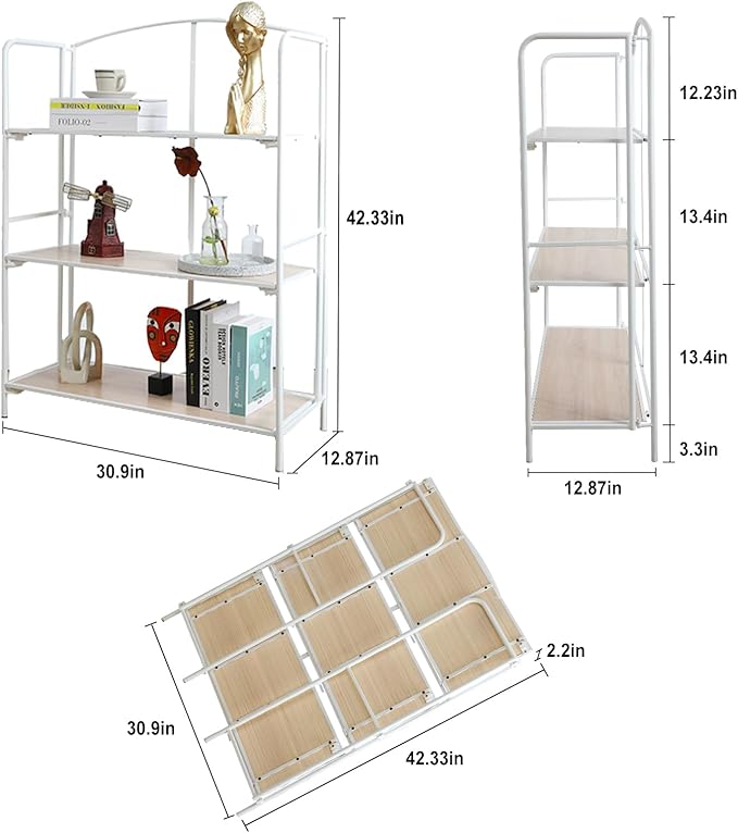Crofy No Assembly Folding Bookshelf for Living Room, 3 Tier White Collapsible Book Shelf for Home Office, Portable Bookcase Storage Organizer