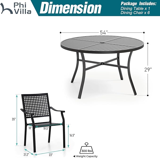 PHI VILLA 7 Pieces Outdoor Round Dining Set for 6, Large Wrought Iron Dining Table with Umbrella Hole & Stackable Metal Chairs, Dining Furniture Set for Patio, Deck, Yard, Porch