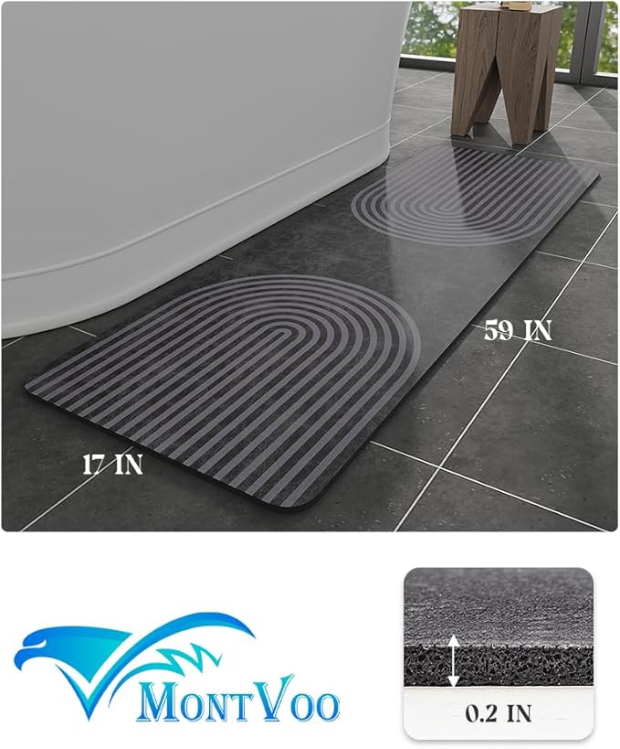 MontVoo -Bath Mat-Non Slip Thin Bathroom Rugs Fit Under Door- Quick Dry Absorbent Faux Suede Surface Grey Bathroom Floor Mats-Shower Rug for in Front of Bathtub Shower Dark Grey Arched 17x59