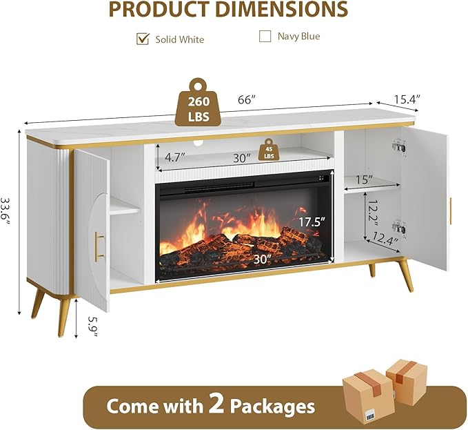 Fluted Fireplace TV Stand Up to 80" TVs, Modern Entertainment Center with 30" Electric Fireplace, Luxury Media Console with Adjustable Shelves for Living Room, White