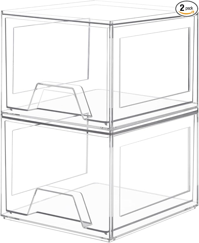 Damomo 2 Pack Stackable Organizer Drawers, 4.4" Tall Clear Bathroom Makeup Organizer and Storage, Acrylic Plastic Organizers Bins for Vanity, Undersink, Bathroom, Pantry, Kitchen Cabinets