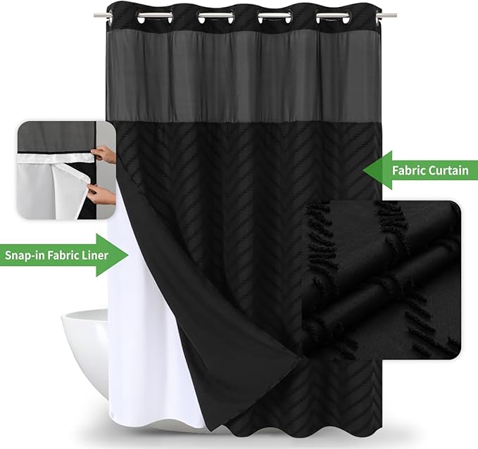No Hook Tufted Chevron Striped Shower Curtain with Snap-in Fabric Liner set-71Wx74H(72H),Black Hotel Grade Boho Style Shower Curtain with See Through Top Window,Water Repellent