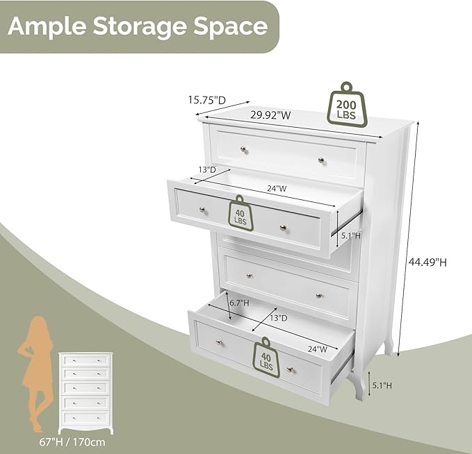 VINGLI White Dresser 5 Drawer Chest of Drawers for Bedroom, 44.5" Tall Wood Dresser with Drawers, 29.92" W*15.75" D*44.49" H