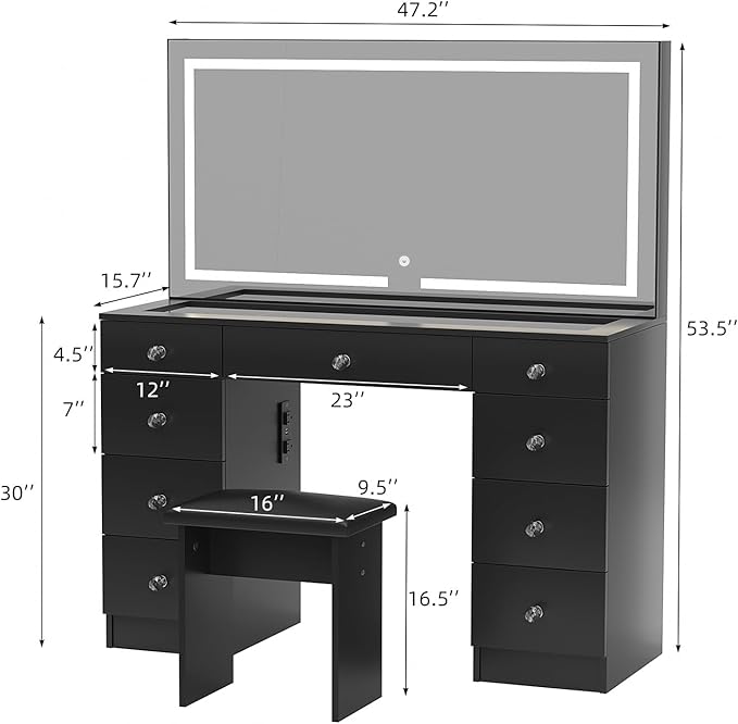 VOWNER Vanity with Lighted Mirror - 47" Glass Top Makeup Vanity Desk with 9 Drawers and Power Outlet, 3 Color Lighting Modes Adjustable Brightness, Makeup Desk with Cushioned Stool for Bedroom, Black