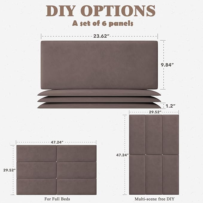 Upholstered Headboard for Full Twin Size Bed, Wall Mounted & Peel and Stick Headboard, Soundproof DIY Wall Panels, Leather Head Board in Modern Design for Bedroom (6 Panels, Each 23.62"x9.84"