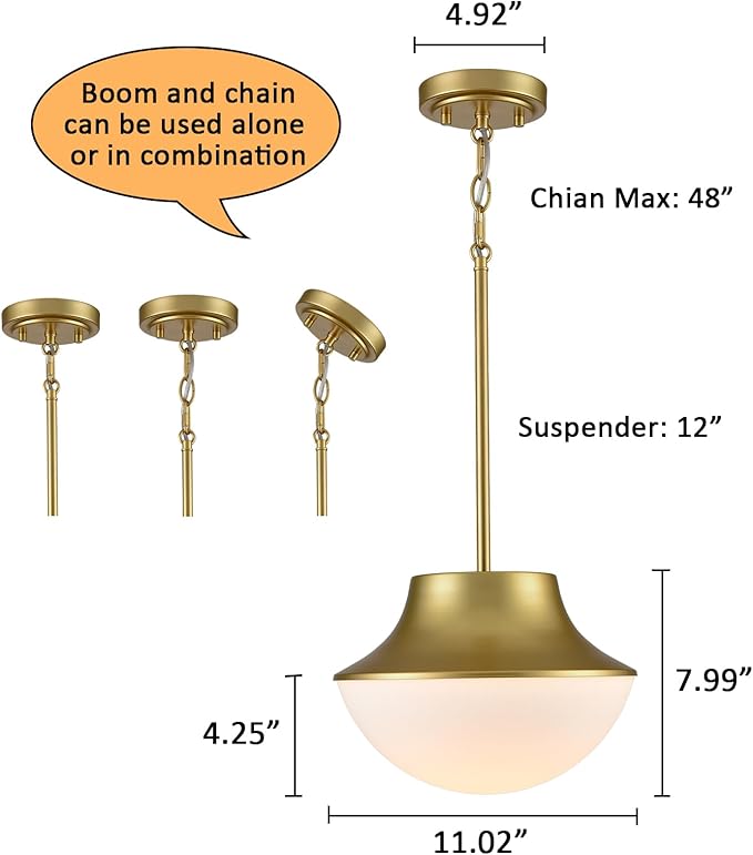 Mid Century Modern Pendant Light Fixture 11.02" Brass Gold Yellow Pendant Light Kitchen Island with Milk Glass White Bowl Shade Over Sink Bathroom Dining Room Foyer