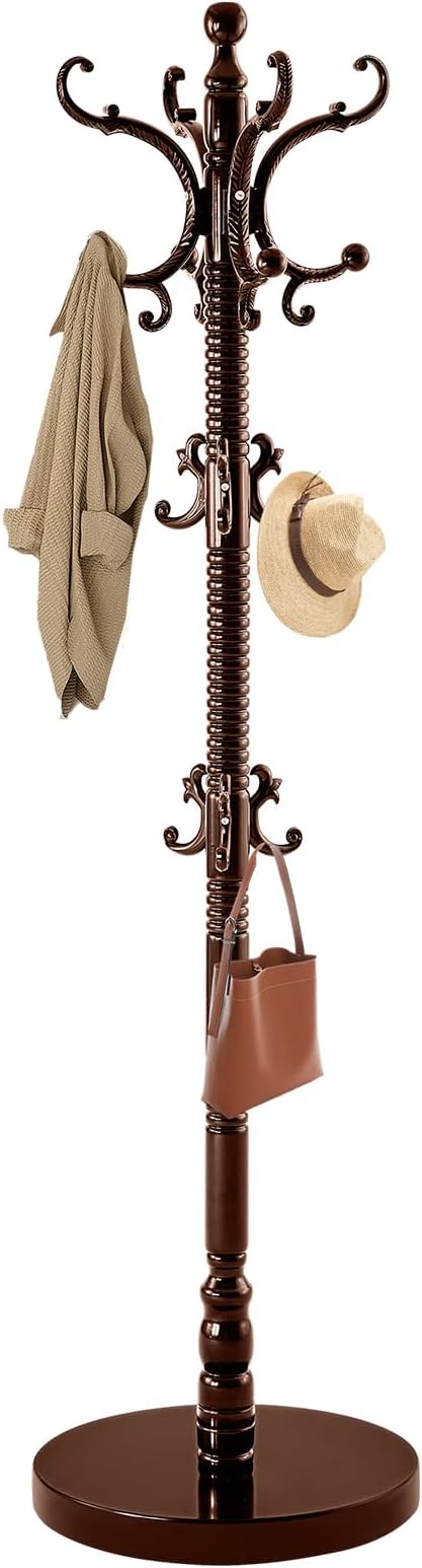 Wooden Coat Rack Freestanding, Solid Wood Coat Rack Stand with 14 Hooks, Vintage Heavy Duty Standing Coat, Sturdy Jacket Hanger Tree Stand for Corner, Office, Entryway