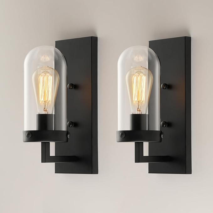 Black Wall Sconces Set of 2, Modern Farmhouse Bathroom Sconces with Clear Glass Shade, Vanity Lights for Bedroom Living Room Bathroom Hallway Stairwell