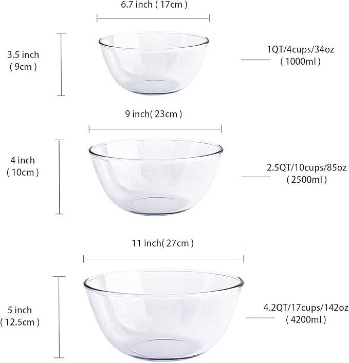 Glass Mixing Bowl Set for Baking 3-Piece Salad Bowl Set (1qt, 2.5qt, 4.2qt), High Brosilicate Large Bowls for Kitchen Prepping Serving and Storage, Microwave Dishwasher Oven Safe