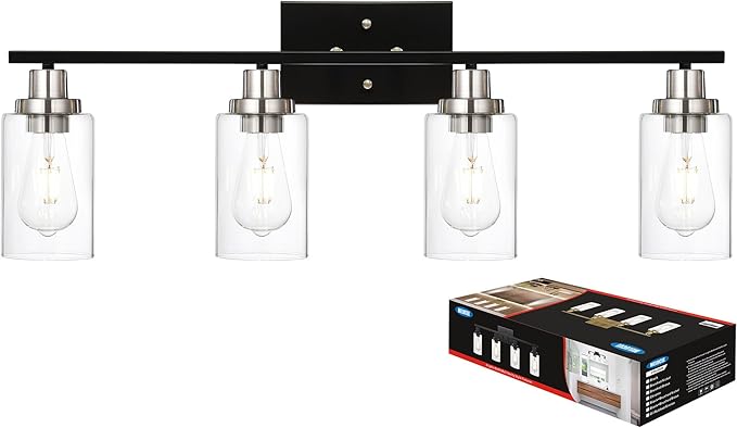 MELUCEE 4-Light Modern Vanity Lights with Clear Glass Shade, Black Bathroom Lighting Fixtures Over Mirror Brushed Nickel Wall Mount Lamp for Vanity Table Mirror Cabinets (Patent No.: US D963914 S)