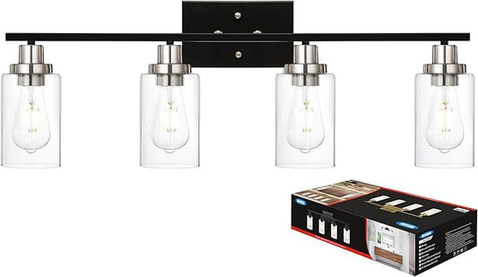 MELUCEE 4-Light Modern Vanity Lights with Clear Glass Shade, Black Bathroom Lighting Fixtures Over Mirror Brushed Nickel Wall Mount Lamp for Vanity Table Mirror Cabinets (Patent No.: US D963914 S)