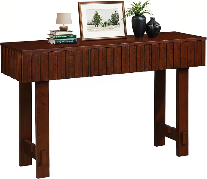 52" Console Table, Solid Wood Fluted Sofa Table Behind The Couch, Mid Century Farmhouse Entryway Table with 3 Drawers for Entrance, Hallway, Living Room, Foyer (Cherry)