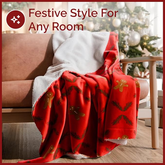 Christmas Sherpa Blanket Throw Size - Reversible Sherpa Fleece Blanket - Super Soft Double Sided Throw for Bed, Sofa, Couch - Thick, Warm, Cozy & Plush - Xmas Winter Bedding - Gingerbread Man, 50x60