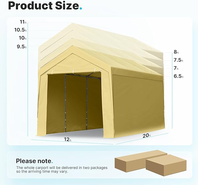 ADVANCE OUTDOOR 12x20 ft Heavy Duty Carport Garage Shelter, Adjustable Height (6.5-11ft) Waterproof Canopy with Removable Sidewalls for Cars, RV, Boat, Truck, Party - Beige