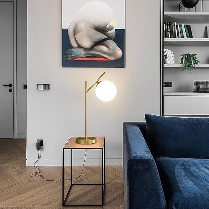 Mid Century Modern Table Lamp, 1 Light Brass Glass Globe Bedside Lamp, Contemporary Metal Table Lamp with Milky White Glass shadefor Bedroom Living Room Study Room