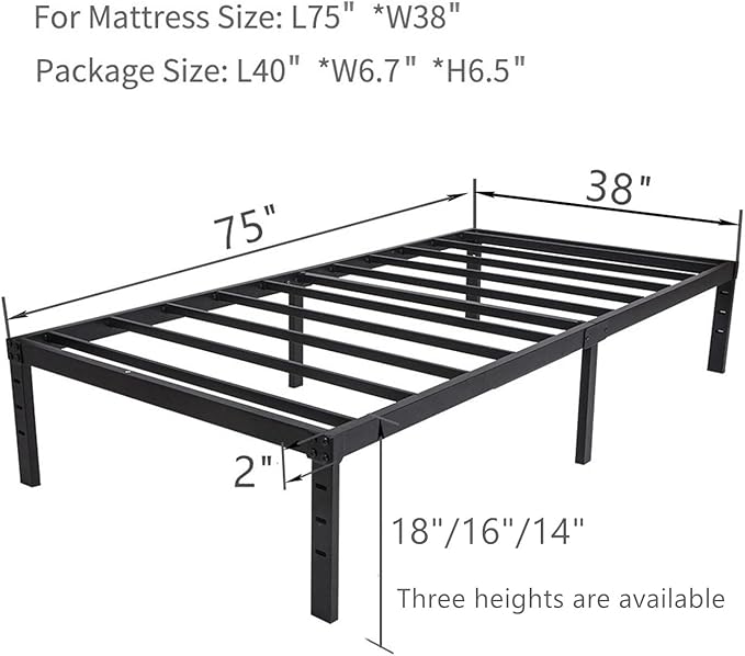 Twin Bed Frames, Heavy Duty Metal Frames with Steel Slats Support, No Box Spring Needed, 16 Inch High Metal Platform Bed Frames with Storage, Non-Slip and Noise-Free, Black