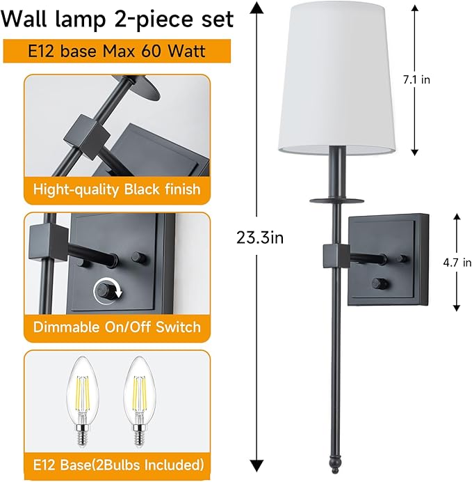 Wall Sconces Sets of 2, Retro Industrial Wall Lamps, Hardwired Bathroom Vanity Sconces Wall Lighting with White Fabric Shade, Indoor Wall Lights for Bedroom Living Room Corridor Black