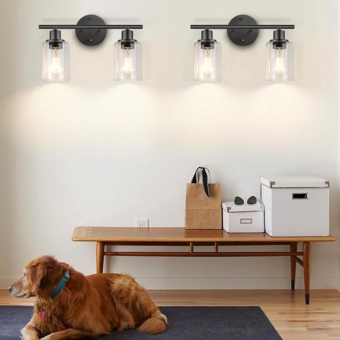 FOLKSMATE Bathroom Light Fixtures, 2 Light Matte Black Vanity Light, Vintage Wall Sconces Lighting, Modern Bath Wall Mounted Lights with Glass Shade