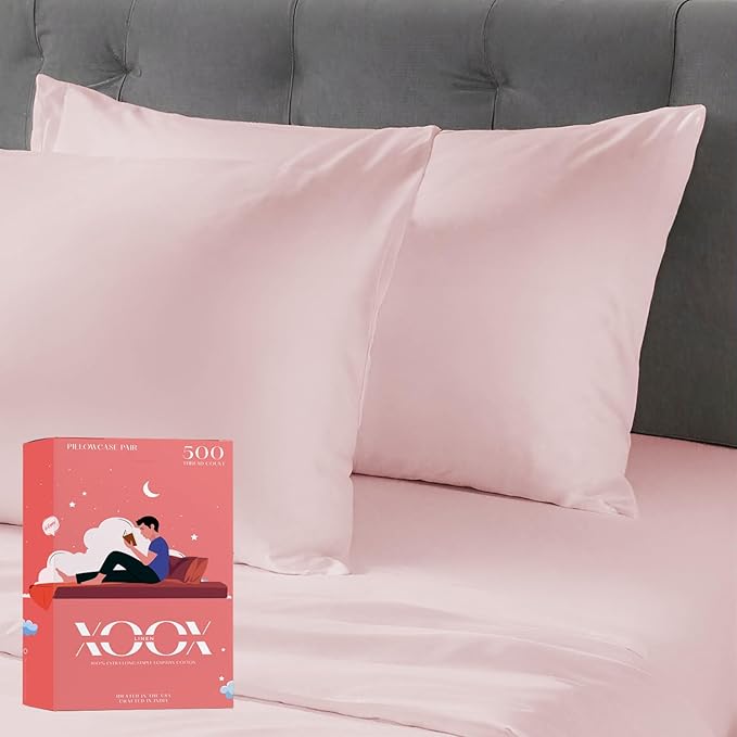 XOOX Linen 100% Cotton Pillowcases Standard/Queen Size Set of 2-500 Thread Count Cotton Pillowcases, Soft Cooling Pillow Cases for Sleeping - Pillow Covers for Standard/Queen Pillows - Blush