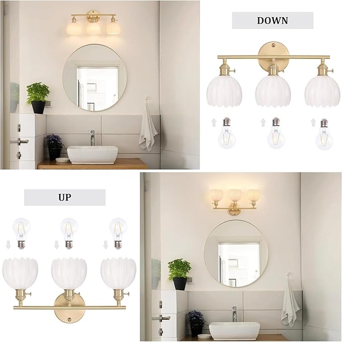 Bathroom Light Fixtures, 3-Light Brass Vanity Wall Light Over Mirror with White Tulip Glass Shade for Bedroom Living Room
