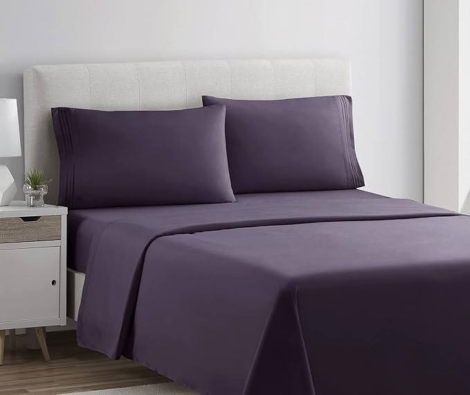 Clara Clark Bed Sheets, Premier 1800 Series 4 Piece Bed Sheet Set, Deep Pocket, Wrinkle, Fade, Stain Resistant, Luxury Soft Bedding Sheets & Pillowcases, Twin-XL, Purple Eggplant